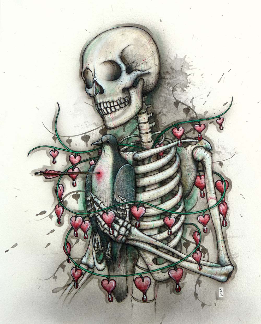This skeleton holds a bleeding heart dove pierced by an arrow, surrounded by bleeding heart vines