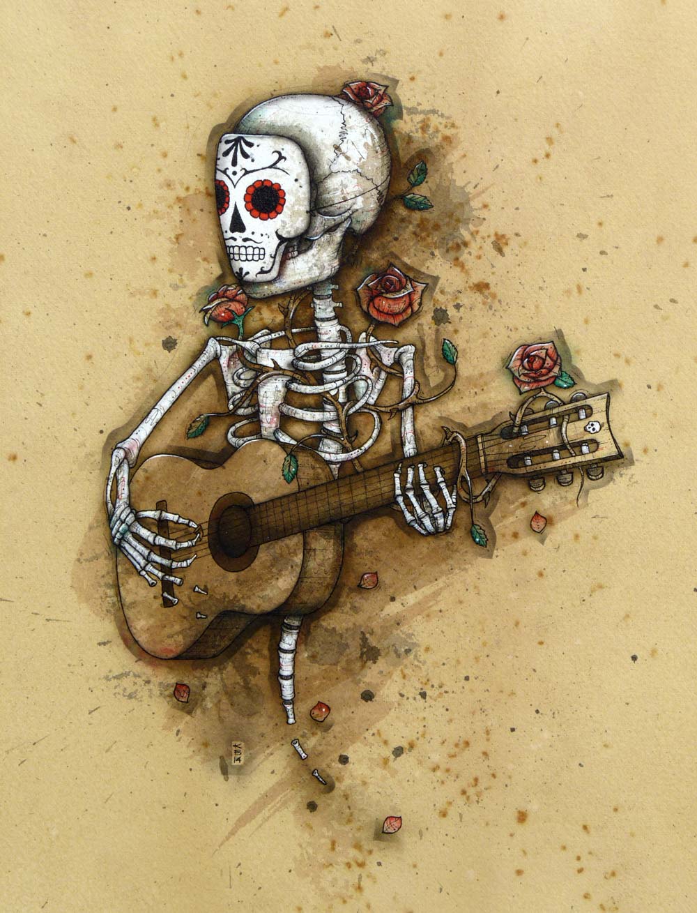 A skeleton in a sugar skull mask plays a flamenco style acoustic guitar while roses bloom from his bones