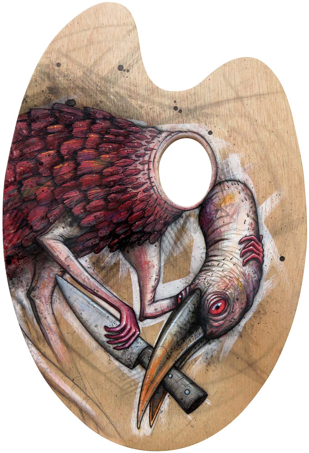 A bird-like creature with hands holds its own severed head and a knife