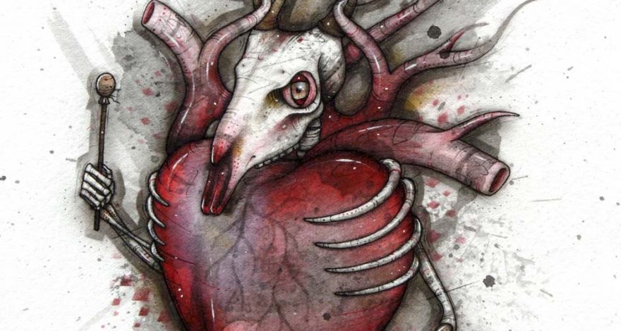 A skeletal deer beats a giant anatomical heart like a drum
