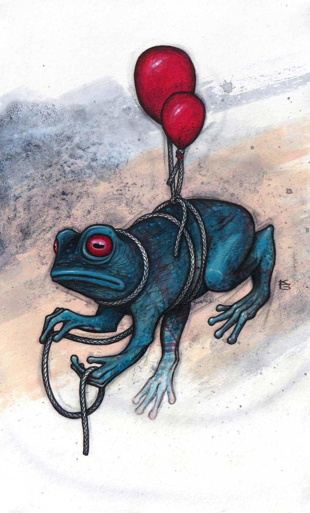 A frog attached to balloons floating in the air