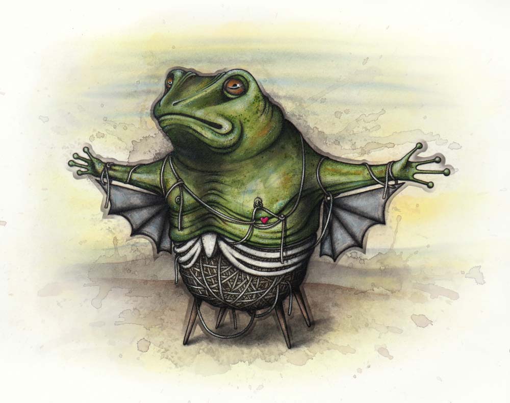 A frog with bat wings, an exposed skeleton and a body made of string