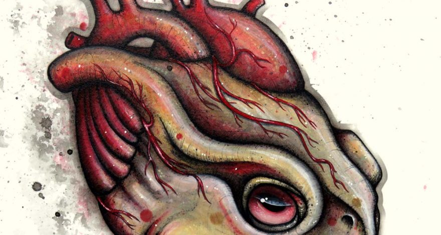 A frog head combined with an anatomical heart