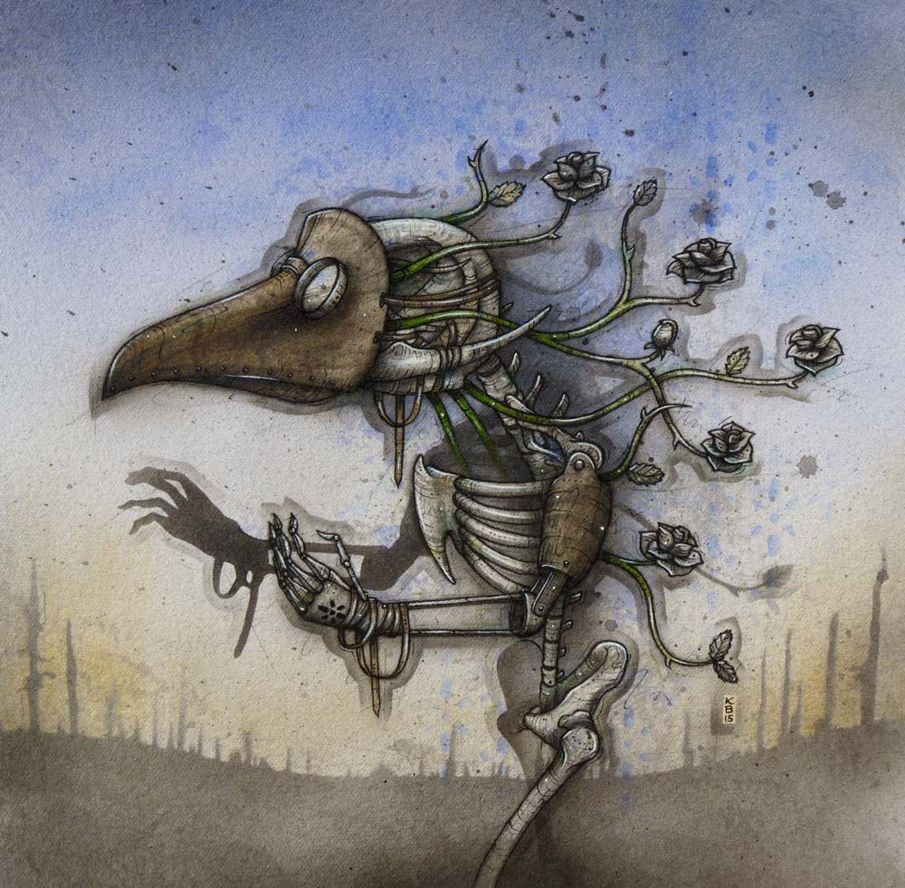A skeleton, walking in a plague doctor mask with roses growing out