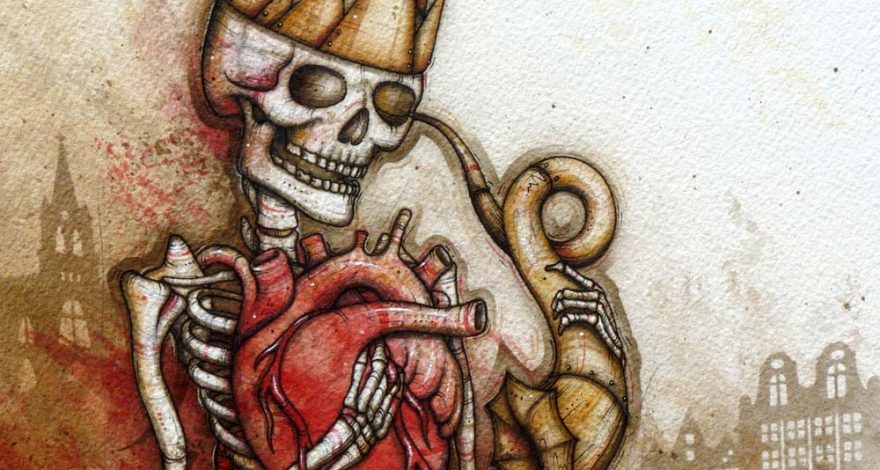 A crowned skeleton uses an ear trumpet to listen to its heart