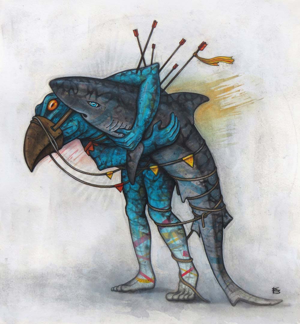 A frog struggling with a shark pierced with arrows