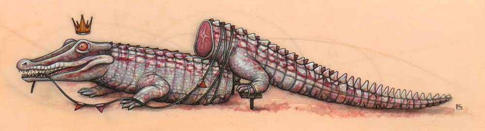 A crowned crocodile cut in half and strapped back together