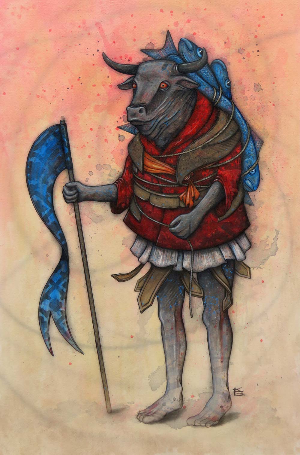 A bull in a layered costume with a pile of fish strapped to its back