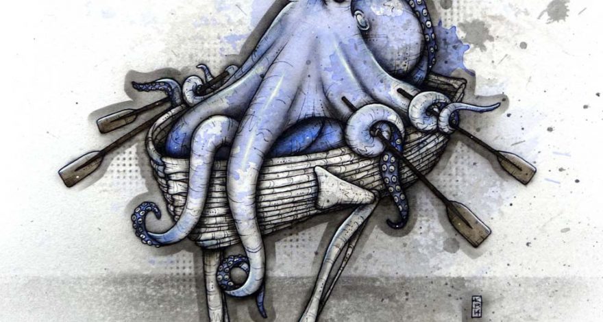 An antlered octopus sits in a boat with skeletal legs