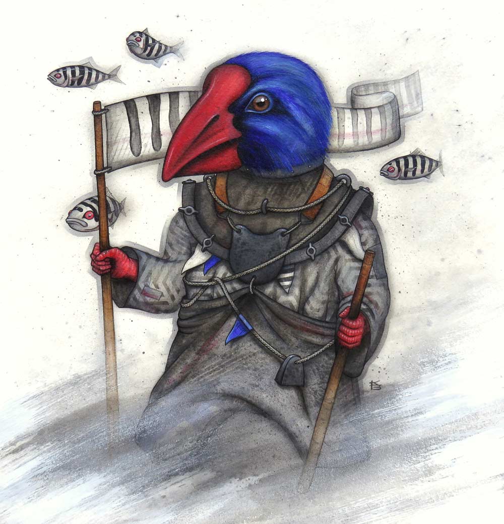 A takahe New Zealand bird with pilot fish in a deep sea diving suit