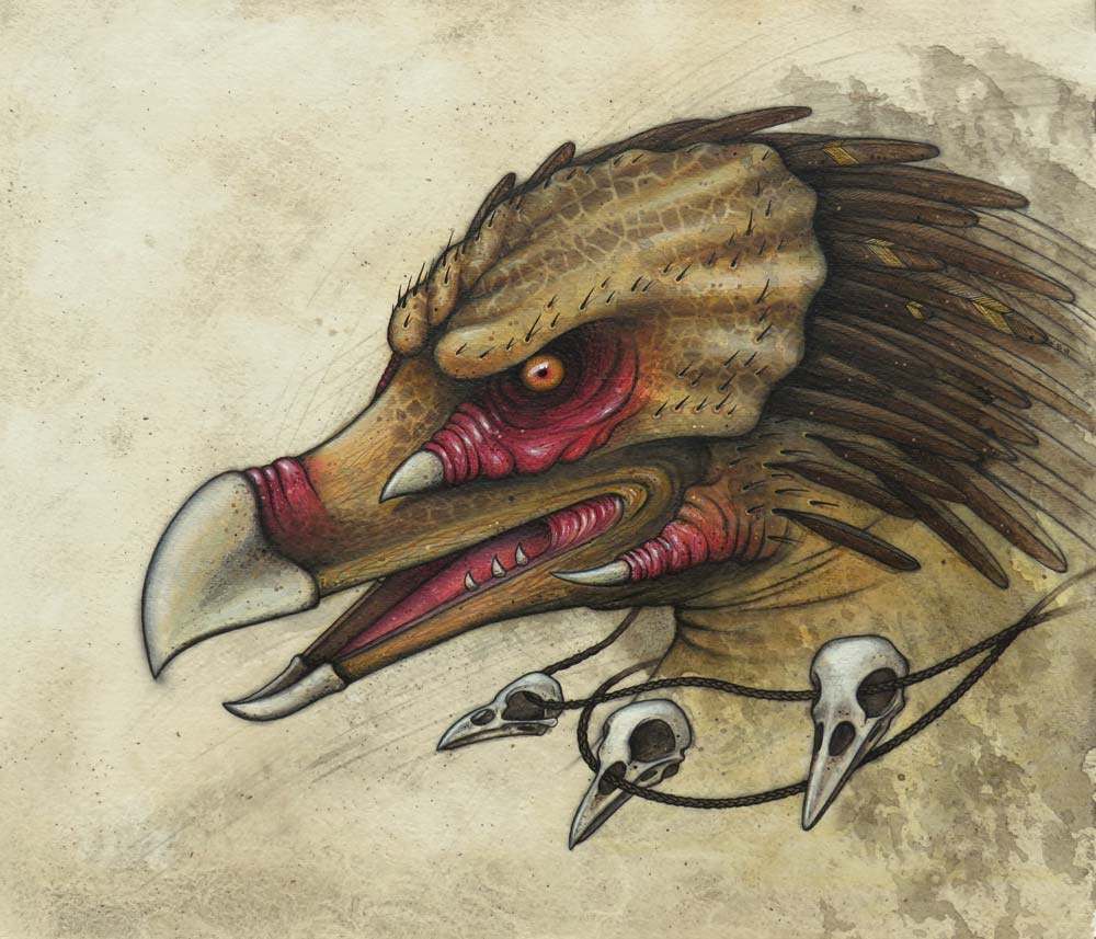 An eagle type bird with a necklace of skulls as a tribute to the Predator movie