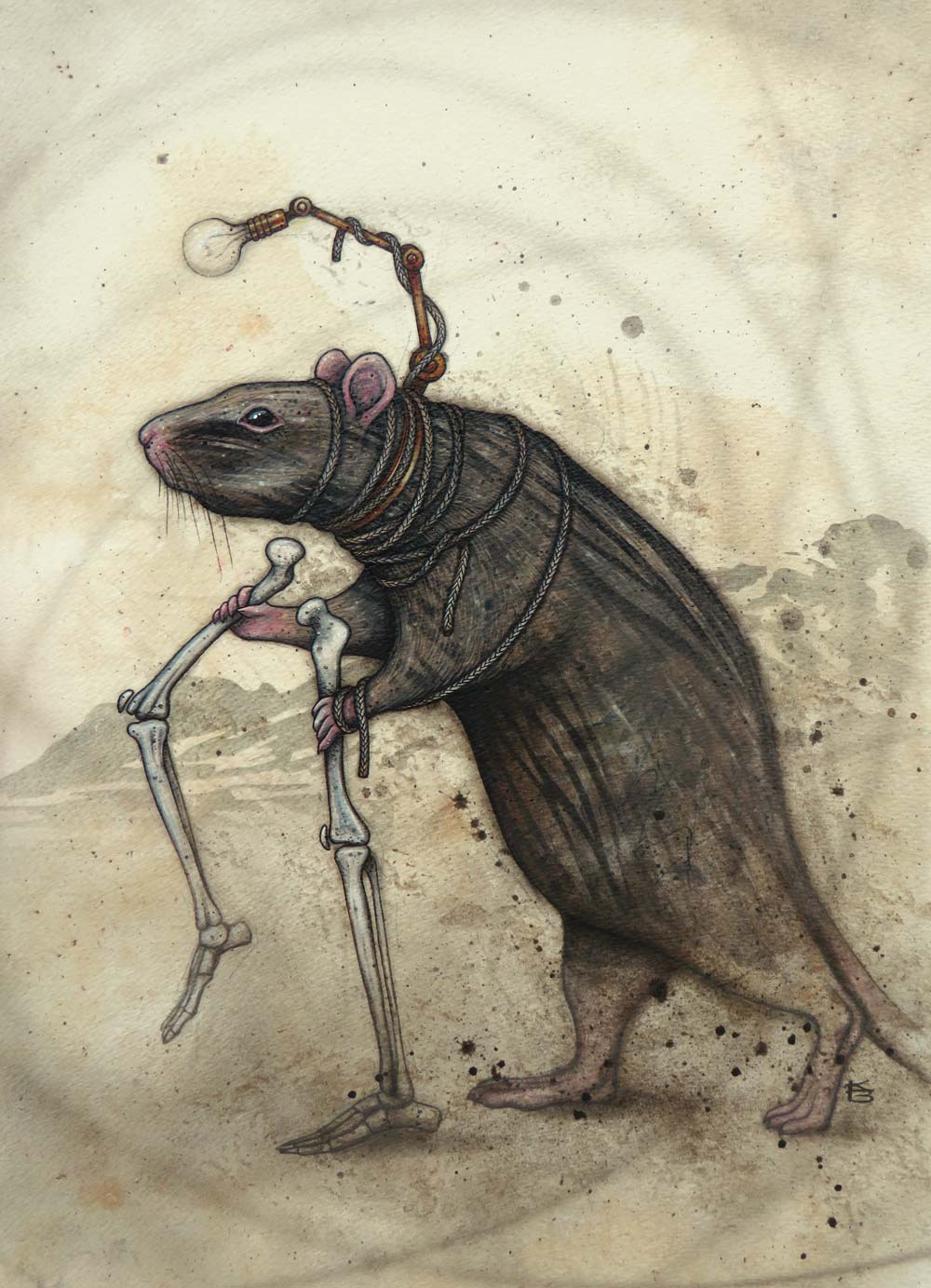 A rat with bone walking sticks and a broken lightbulb