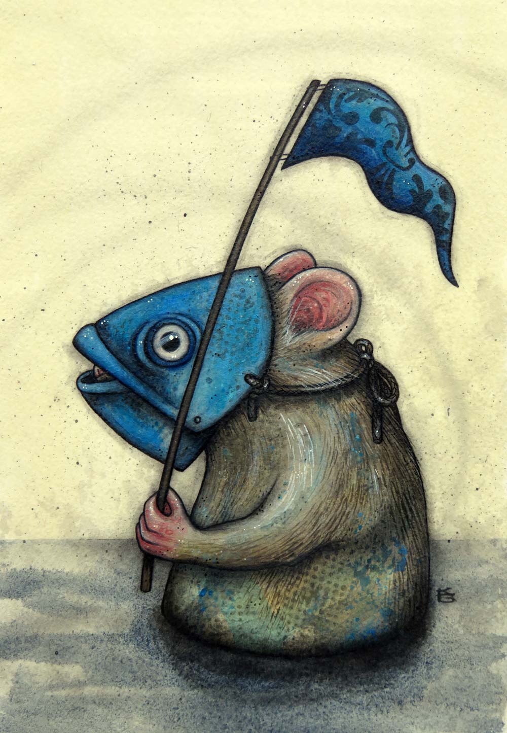 A rat wearing a fish head costume wading with a flag