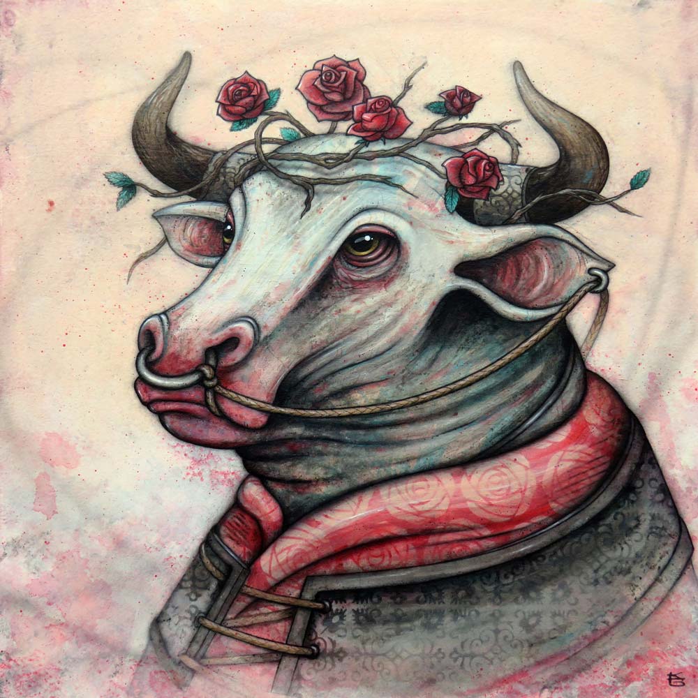 A bull wearing a crown of roses and a patterned costume
