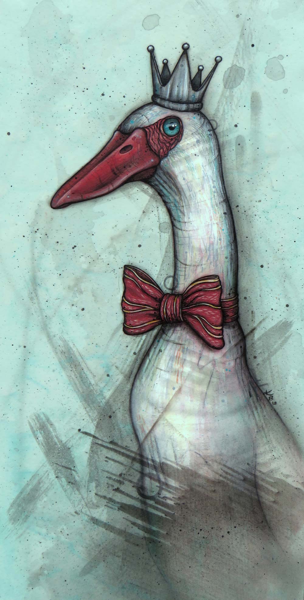 A crowned goose with a bow tie made of bacon