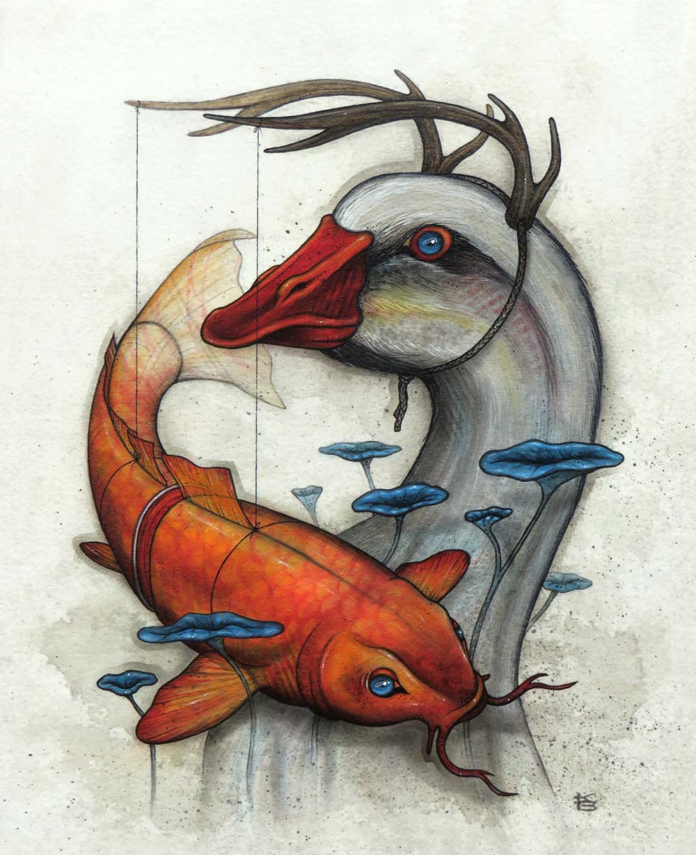 An antlered goose holding up a koi goldfish with lilypads