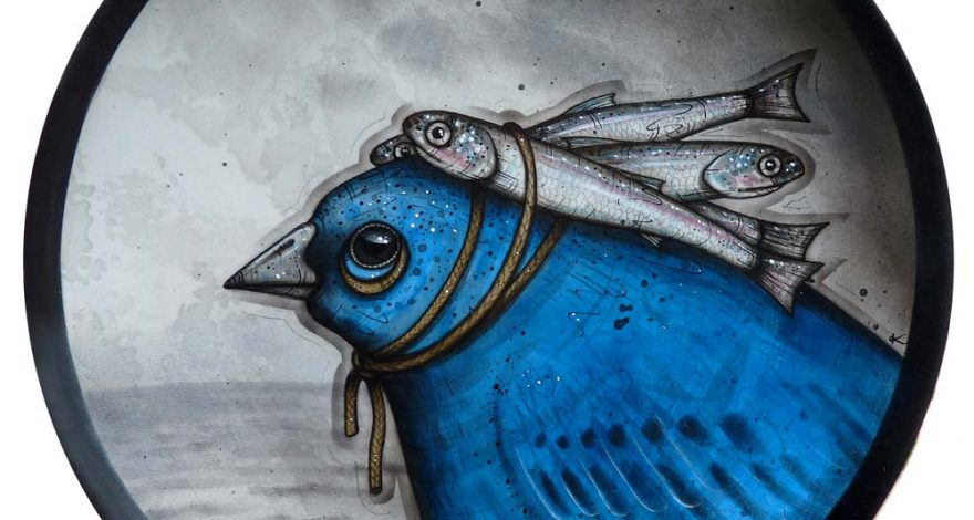 A blue bird with some tied-on fish friends looks out at a stormy sea