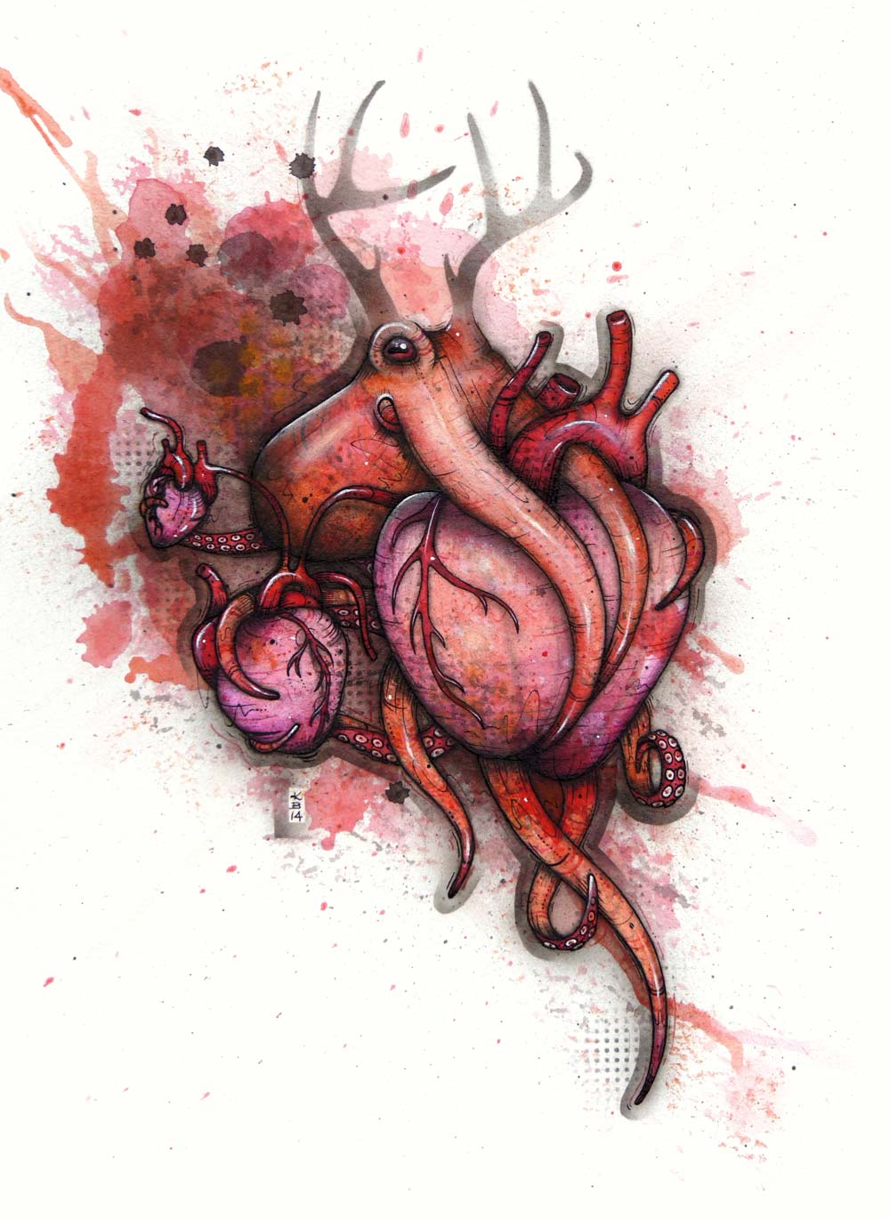 An antlered octopus holds three anatomical hearts