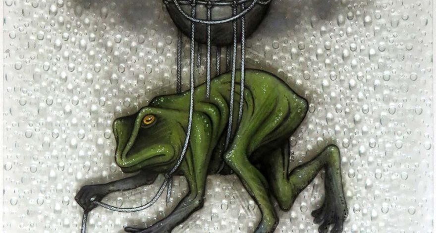 A frog floating under a weather balloon in the rain