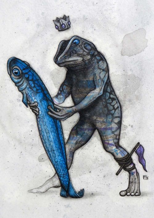 A crowned frog dances with a blue fish