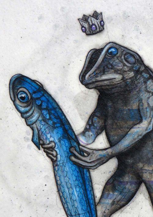 A crowned frog dances with a blue fish