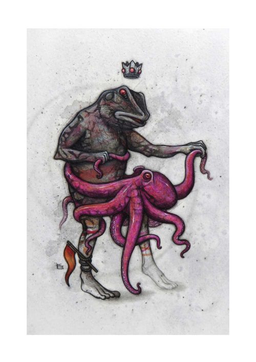 A crowned frog tangles with a pink octopus