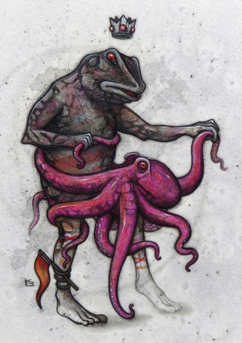 A crowned frog tangles with a pink octopus