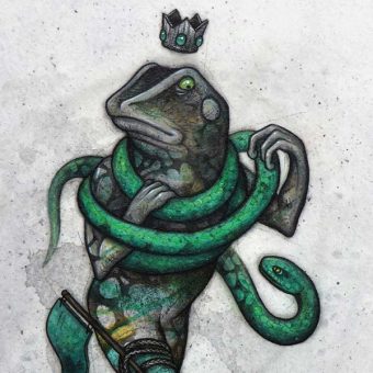 A crowned frog circled by a green snake