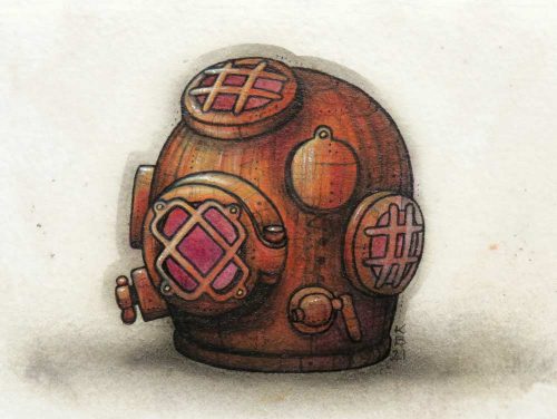 A copper deep sea diving helmet painted study