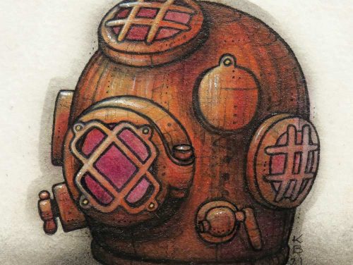A copper deep sea diving helmet painted study