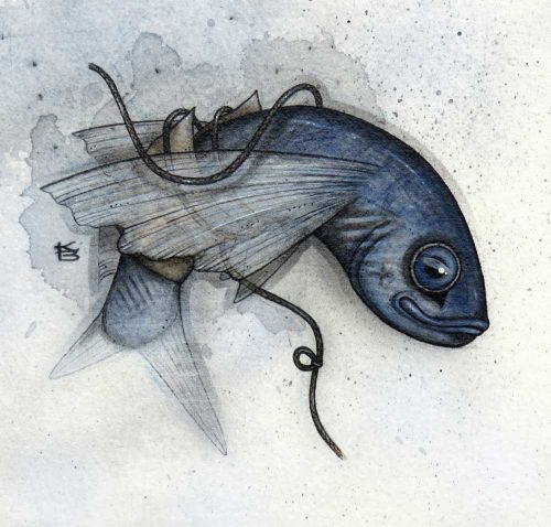 A blue flying fish wrapped in paper and string