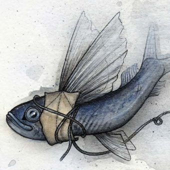 A blue flying fish wrapped in paper and string