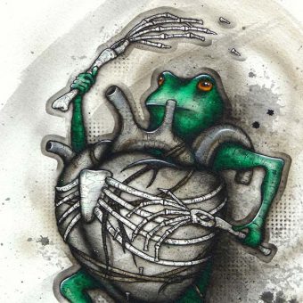 A frog marching and beating a giant heart