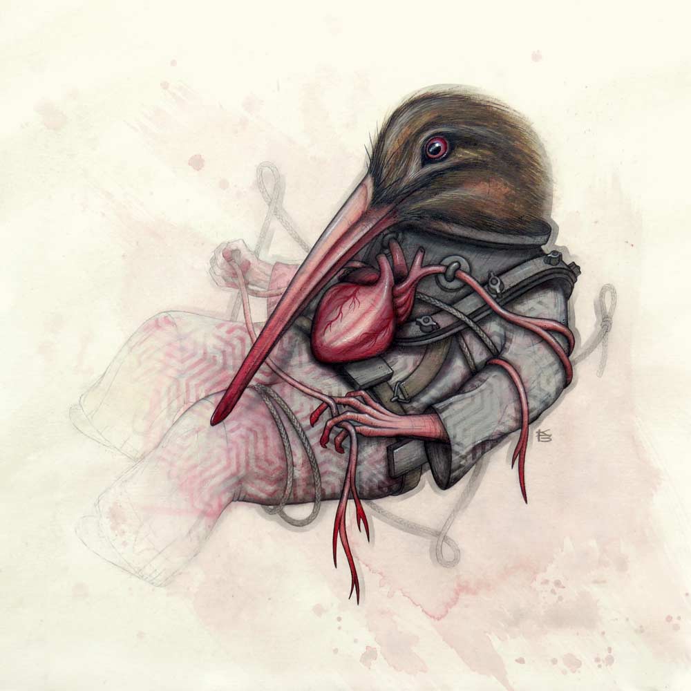 A kiwi New Zealand bird in a deep sea diving suit with a big heart