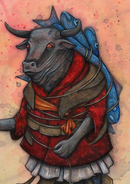 A bull in a layered costume with a pile of fish strapped to its back