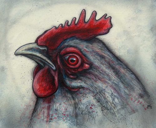 A rooster head painted study