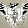 A skeletal deer with wings holds an air pump and a blood bag