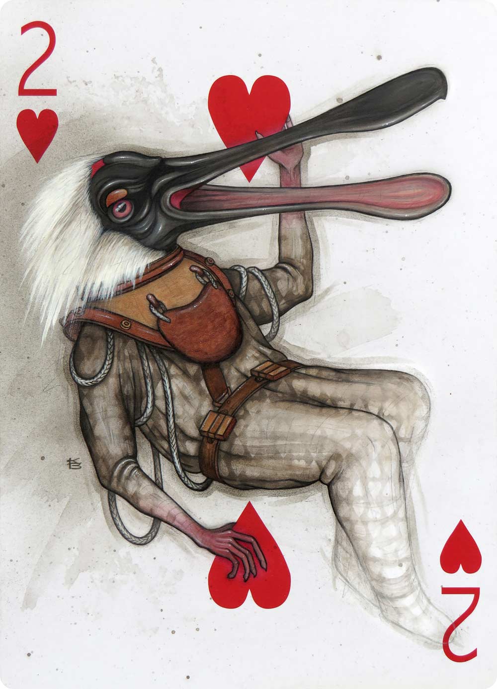A spoonbill in a deep sea diving suit painted on the 2 of hearts card