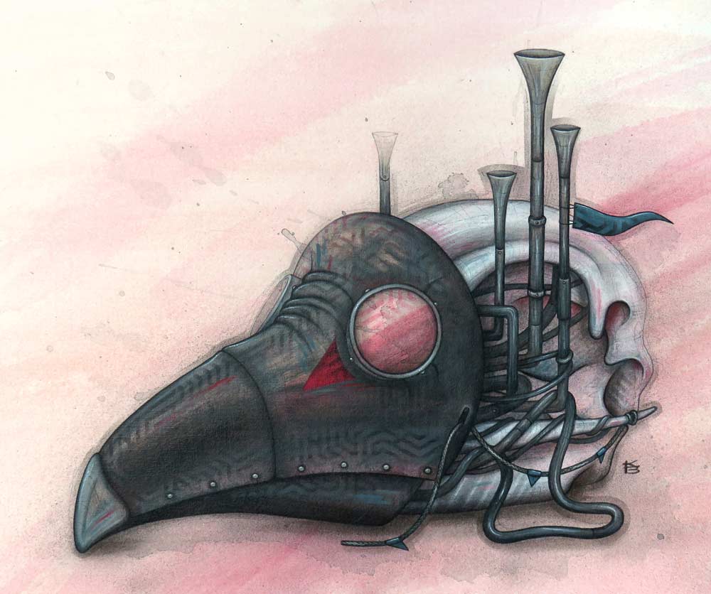 A plague doctor mask covers a bird skull and mechanical adaptations.