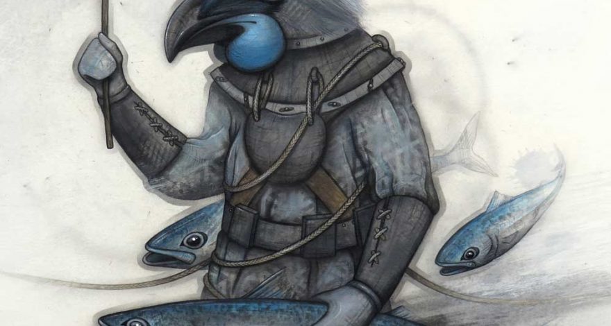 A kokako New Zealand bird with a windsock and tuna in a deep sea diving suit