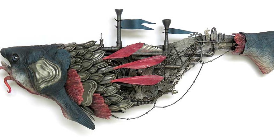 An armoured, mechanical fish assemblage sculpture