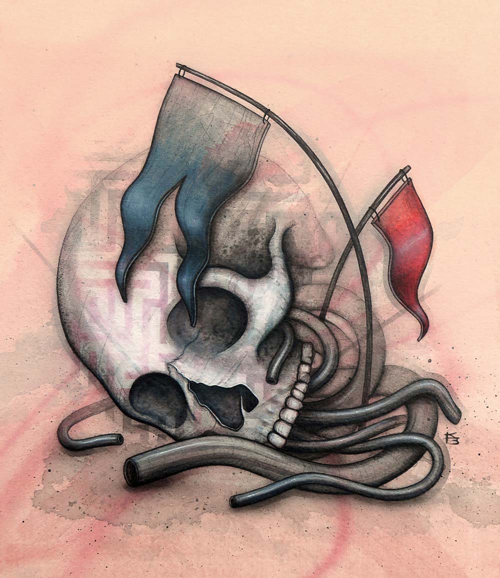 A skull full of mechanical pipes with hanging flags