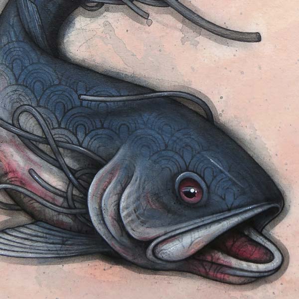 A biomechanical fish swimming with a trail of metal pipes