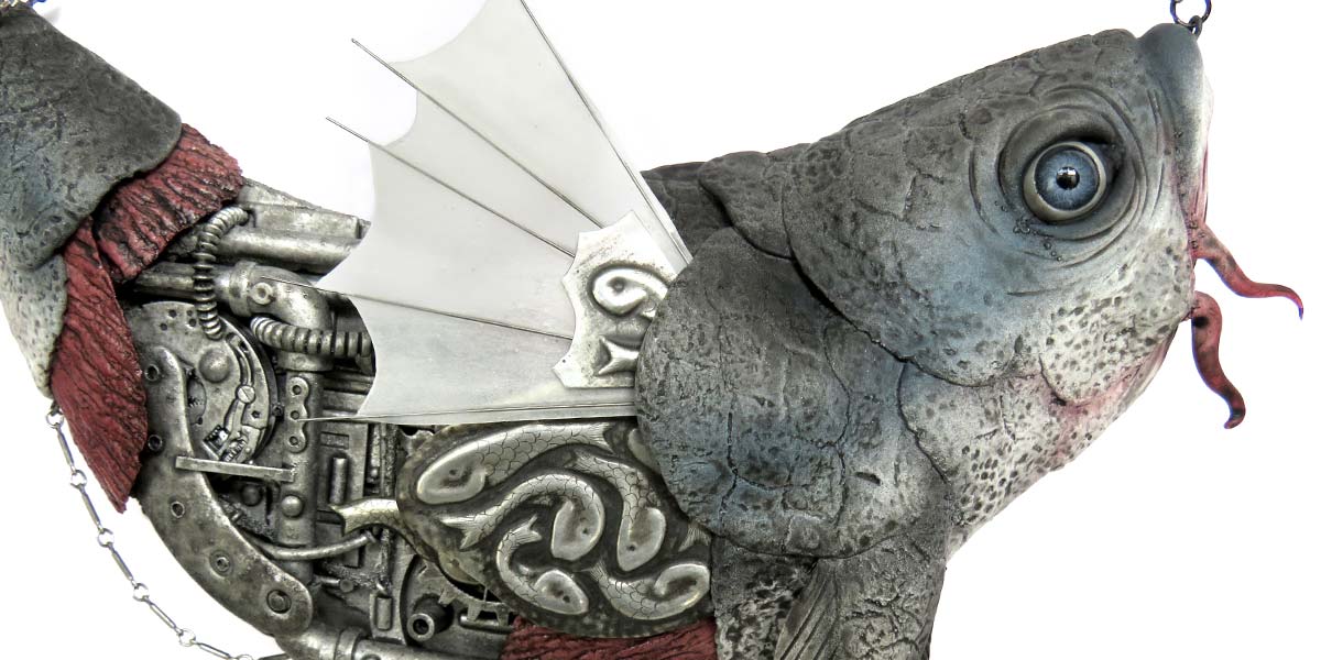 An armoured, mechanical fish assemblage sculpture with fins