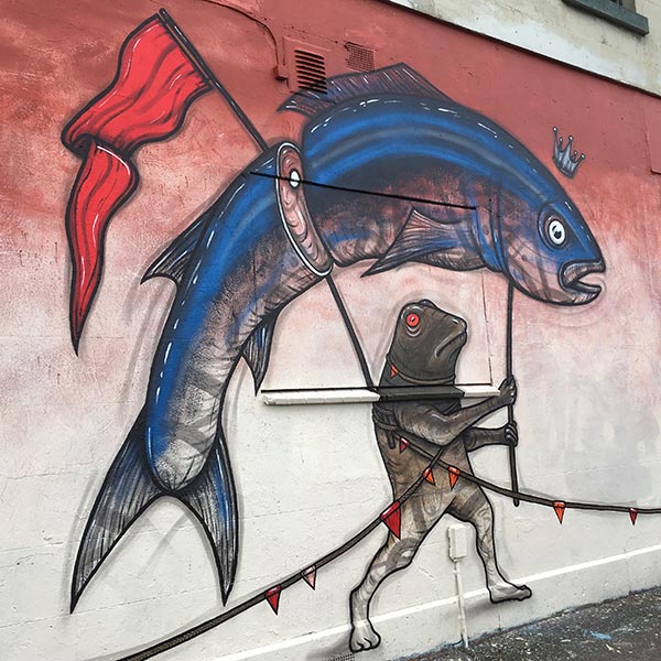 Augmented reality mural of a fish and a frog