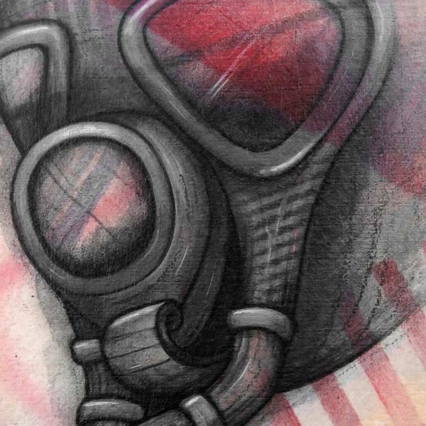 A textured gas mask study in greys and reds