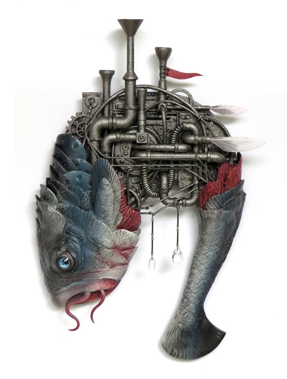 An armoured, mechanical fish assemblage sculpture with fins